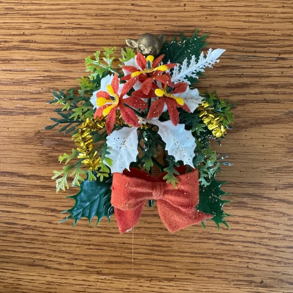 Vintage Christmas Floral Holly Poinsettia Deer Bow Brooch holiday jewelry